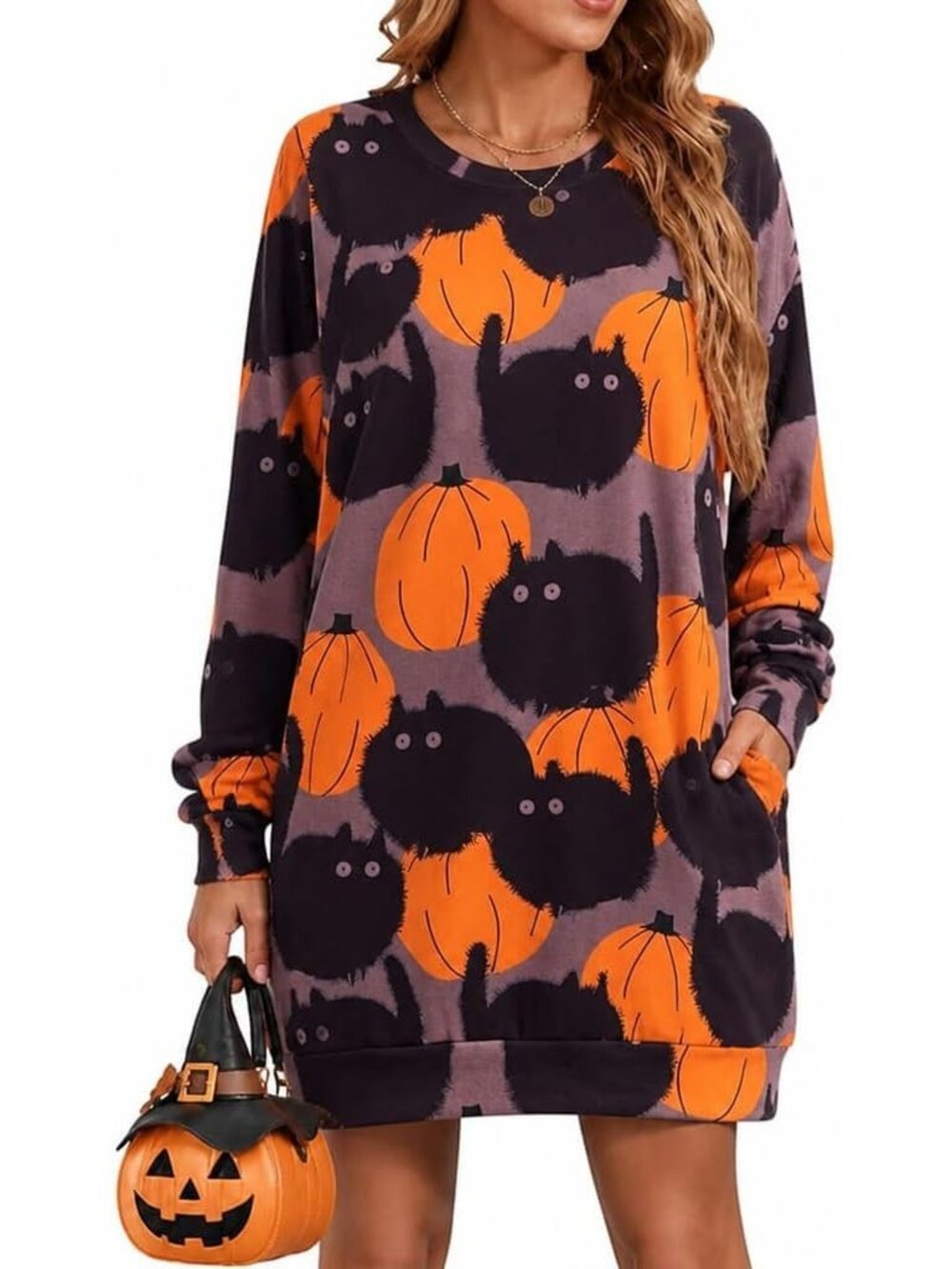 🆕 Women's Halloween Black Cat & Pumpkin Crewneck Sweatshirt Dress with Pockets